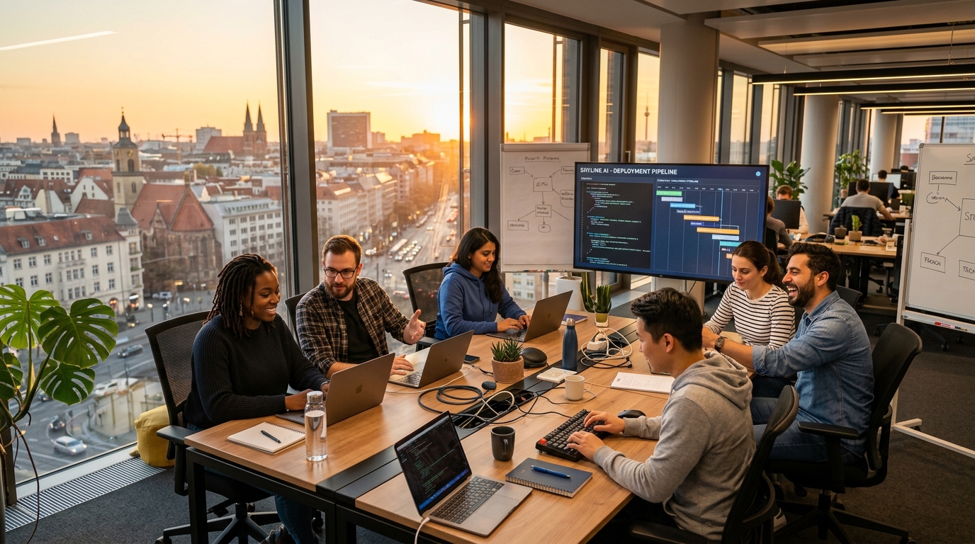 Global tech professionals working in European office at sunset